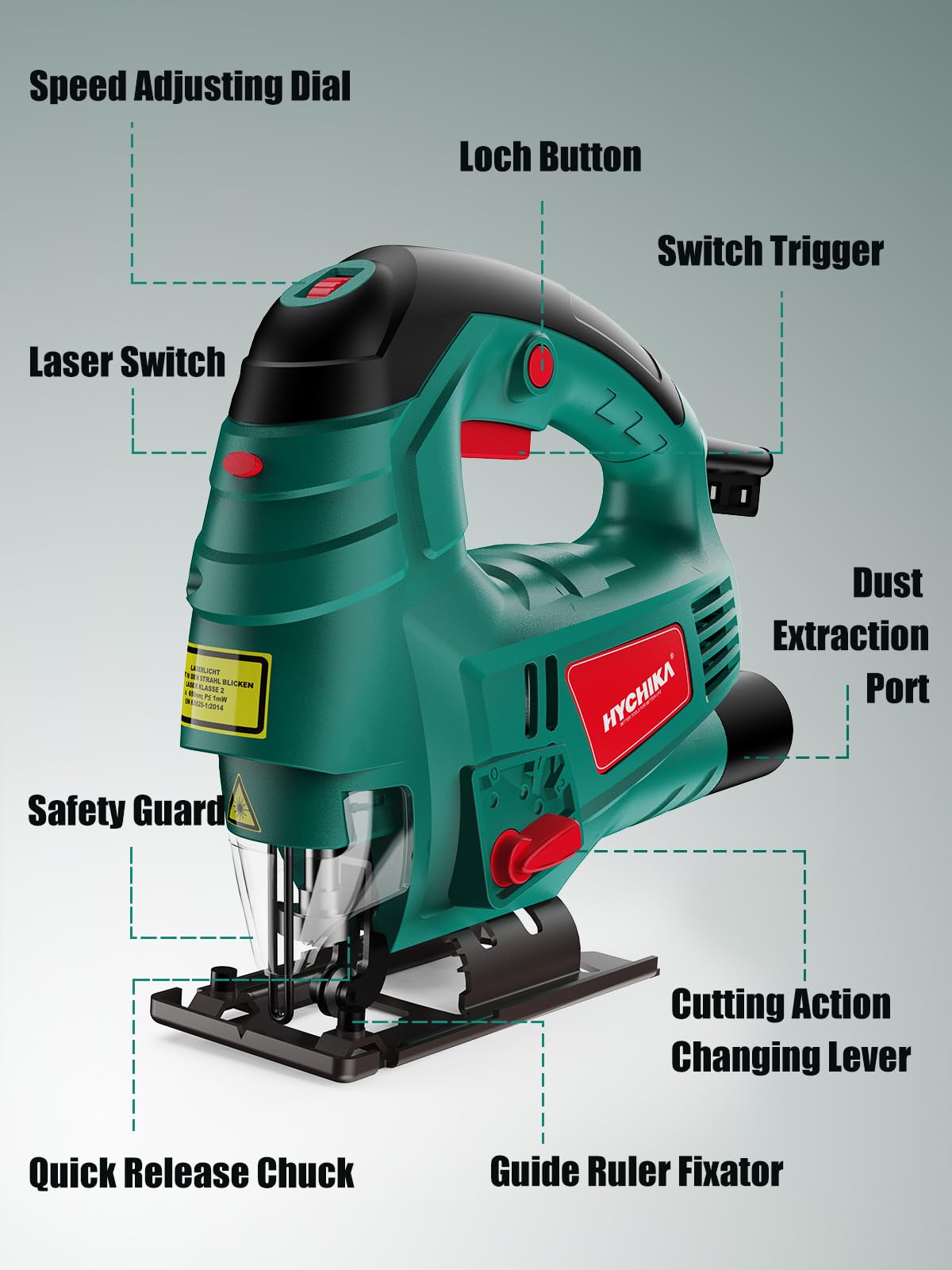 - HYCHIKA Jigsaw |800W Max Cutting Depth 110mm | 800-3000SPM Electric Jigsaw | Laser | 7 Variable Speeds -