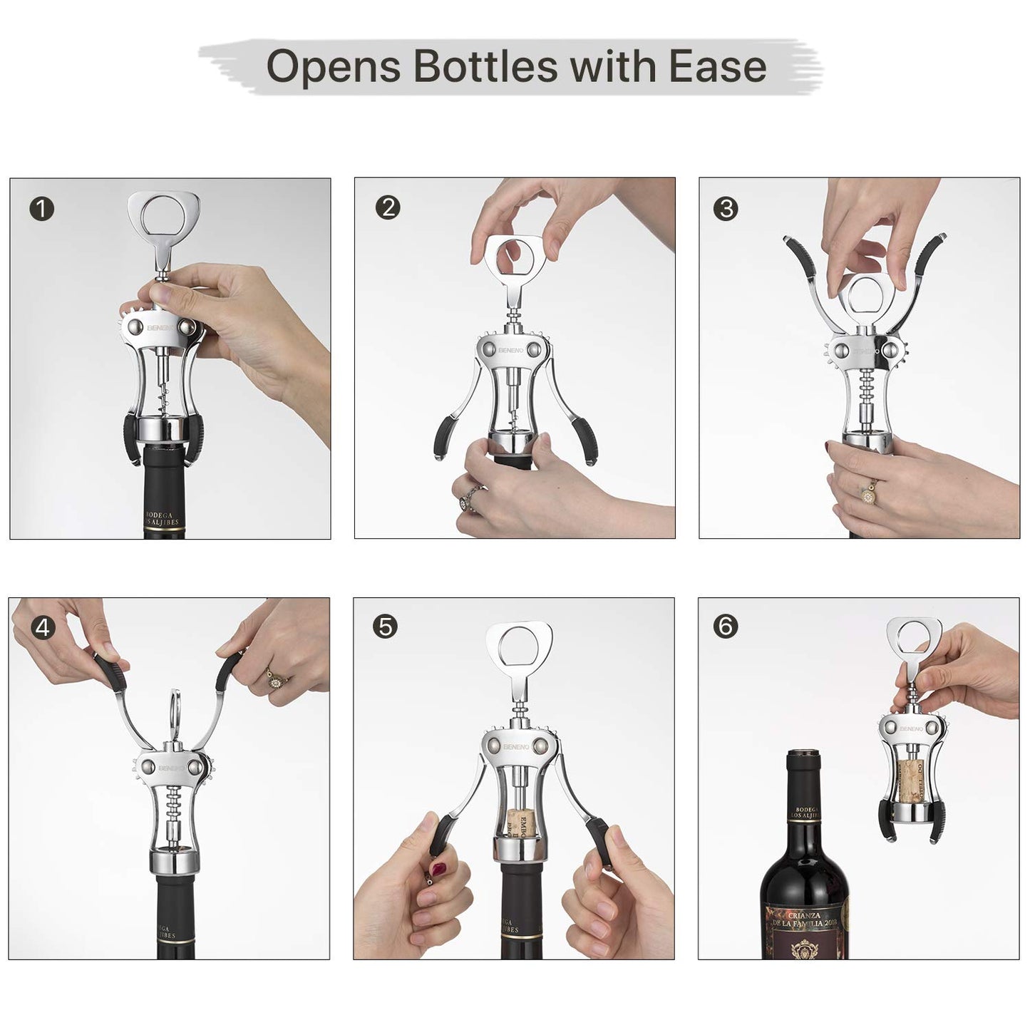 Corkscrew Bottle Opener, Beneno Premium Corkscrews Wine Bottle Opener with Multifunctional Corks and Caps Bottle Opener, Silver