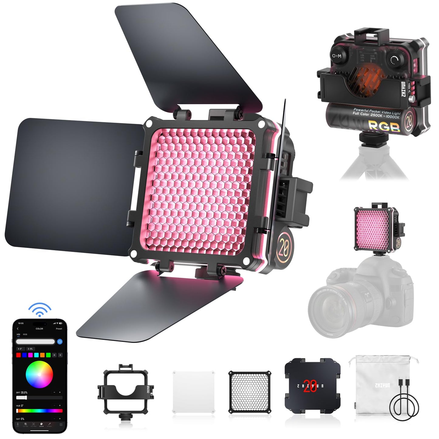 - ZHIYUN FIVERAY M20C [Official] 20W RGB Video Light, 4500mAh Rechargeable Camera Light