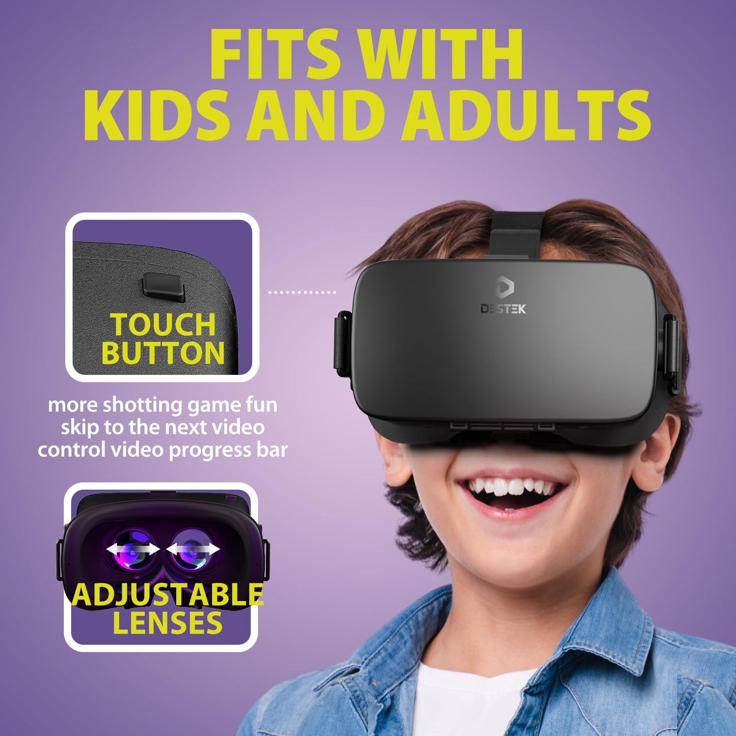 DESTEK V5 VR Headset for Phone, 110°FOV HD Anti-Blue Lenses Eye Protection for Kids Gift Virtual Reality Headset with Bluetooth Controller, VR Glasses for iPhone Samsung Android (4.7-6.8in Screen)