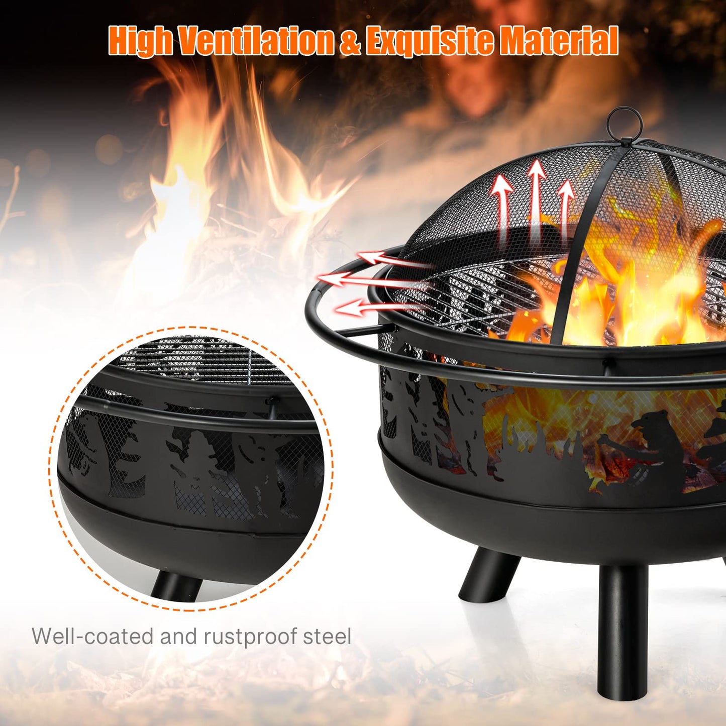 COSTWAY 77cm Large Fire Pit Bowl, 2 in 1 Wood Burning Firepit Brazier with Cooking Grill, Spark Guard and Fire Poker, Round Metal Log Heater Burner for Outdoor BBQ Camping Party