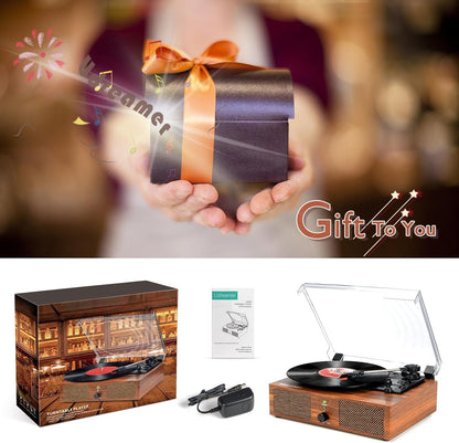 - Vinyl Record Player Turntable with Built-in Speakers and USB Belt-Driven Vintage Phonograph Record Player 3 Speed for Entertainment and Home Decoration (Brown) -