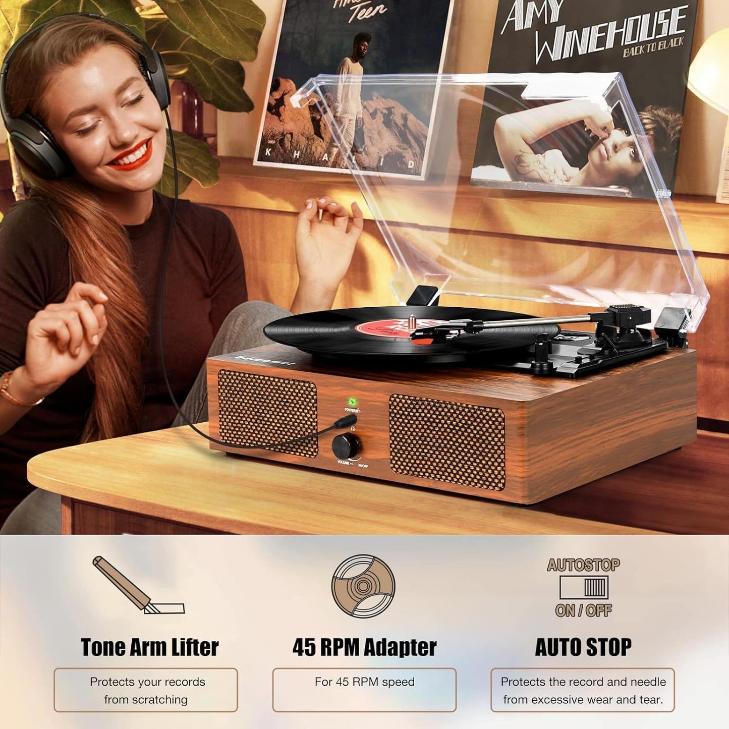 - Vinyl Record Player Turntable with Built-in Speakers and USB Belt-Driven Vintage Phonograph Record Player 3 Speed for Entertainment and Home Decoration (Brown) -