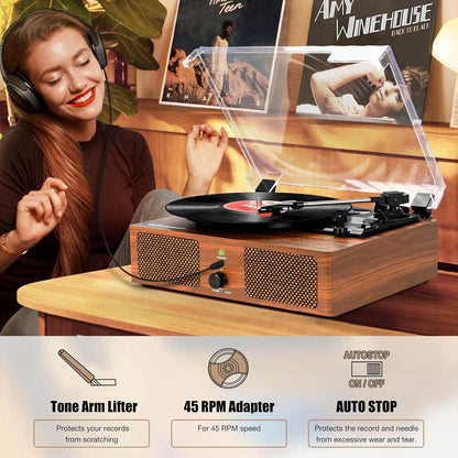 - Vinyl Record Player Turntable with Built-in Speakers and USB Belt-Driven Vintage Phonograph Record Player 3 Speed for Entertainment and Home Decoration (Brown) -