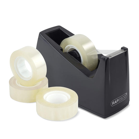 - Rapesco 1619 300 Tape Dispenser | 4 Tape Rolls | Black -