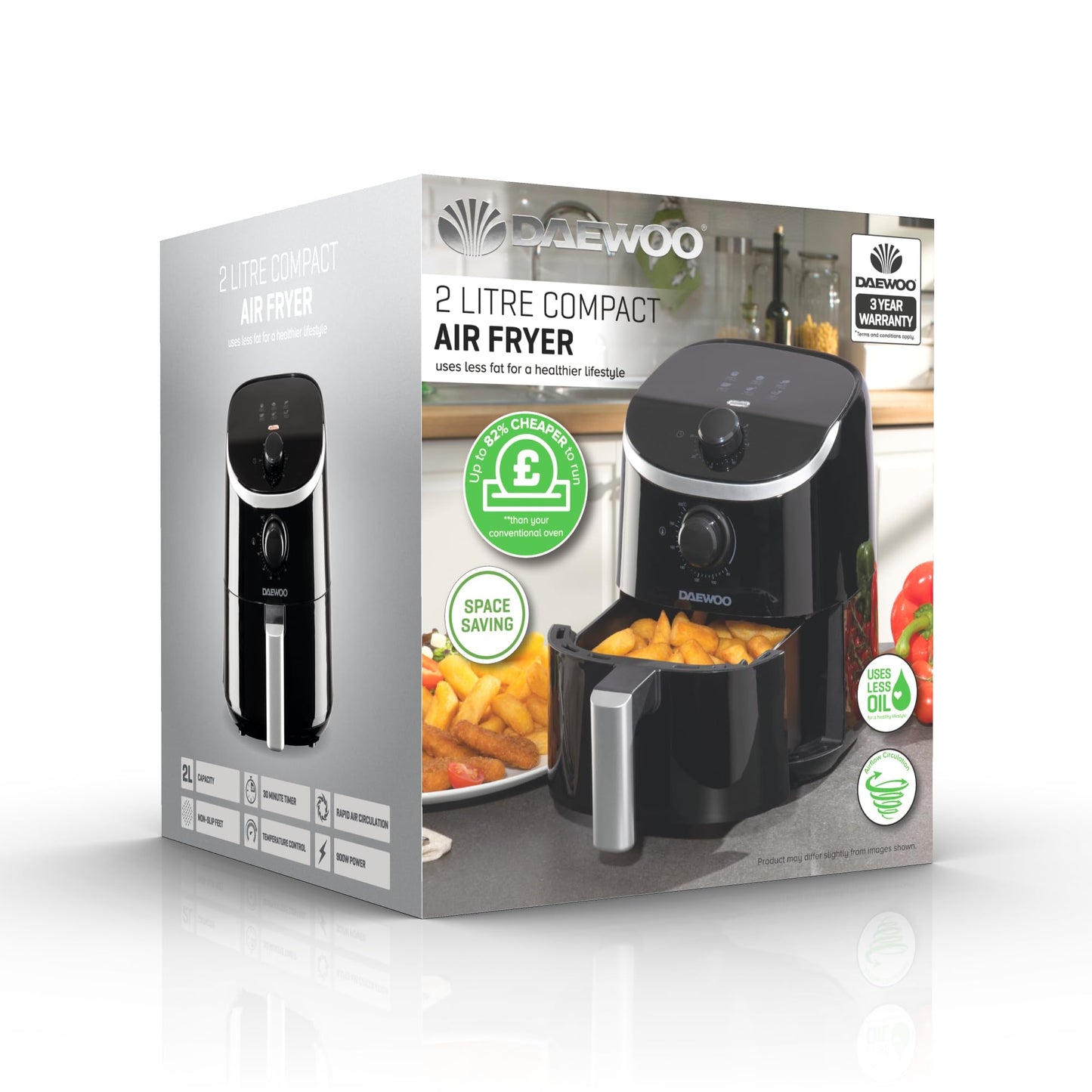 Daewoo Manual Air Fryer, 2 Litres, Compact And Space Saving Design, 80-200°C Temperature, 30 Minute Timer, Energy Savings, Healthier Eating, Sleek And Stylish, Black