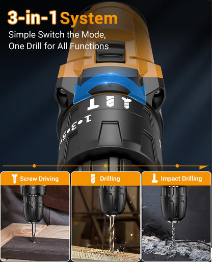 Cordless Drill Driver 21V, Cordless Hammer Drill with 2 Batteries 2000mAh, 25+3 Torque, 42N.m Max Electric Drill, 14PCS Drill Bits, 2 Speed, LED Light for Home and Garden DIY Project