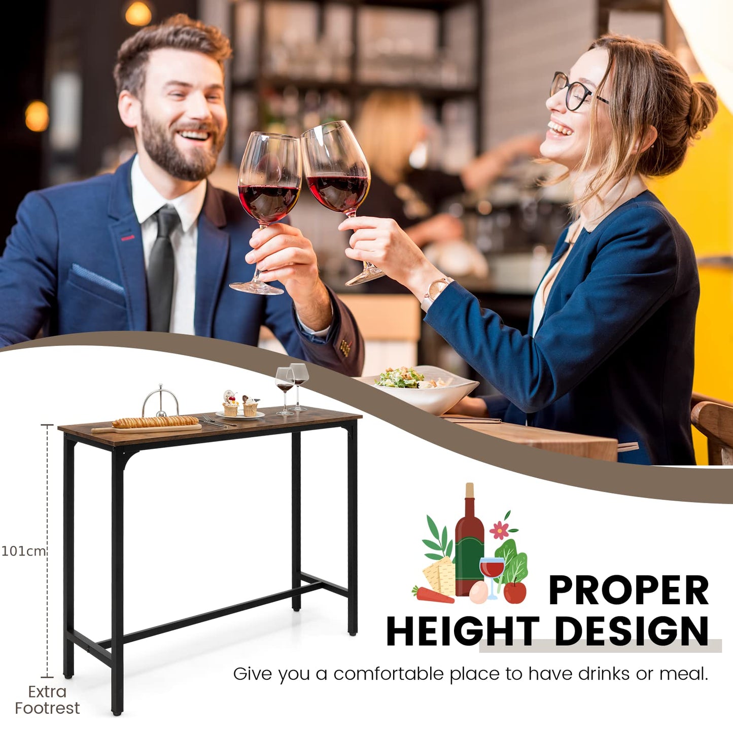 COSTWAY Rectangular Bar Table, 120cm Counter Breakfast Dining High Tables with Footrest and Adjustable Footpads, Metal Frame Pub Coffee Desk for Small Space Kitchen Living Room (Rustic Brown)