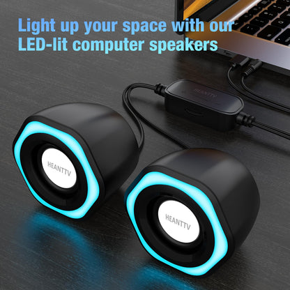 - HEANTTV Computer Speaker | PC Speakers for Desktop Monitors | 2.0 Stereo Volume Control with LED Light | USB Powered & 3.5 mm jack -