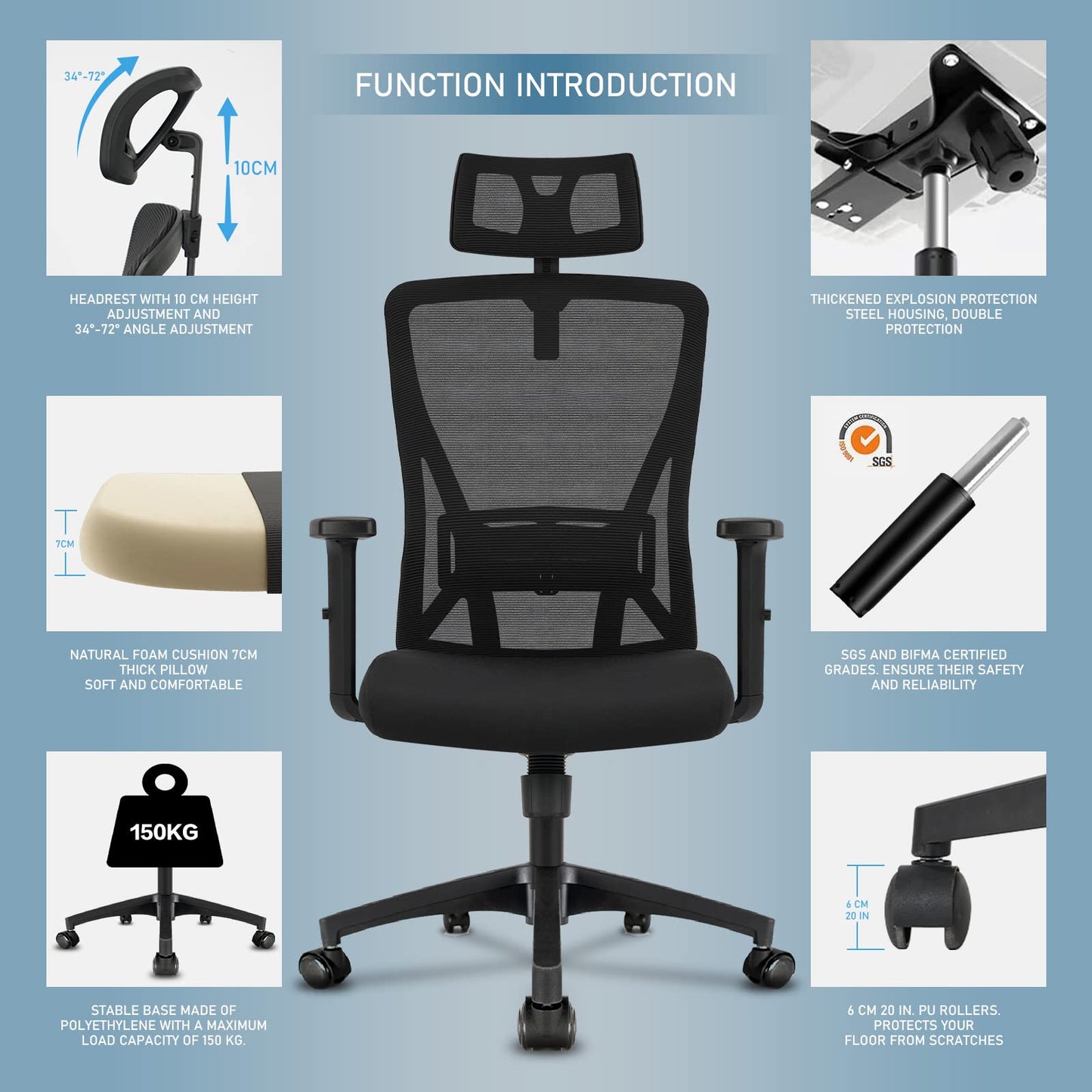 - Durrafy Office Chair Ergonomic | Office Desk Chair with Adjustable Headrest, Armrests, Lumbar Support -