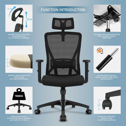 - Durrafy Office Chair Ergonomic | Office Desk Chair with Adjustable Headrest, Armrests, Lumbar Support -