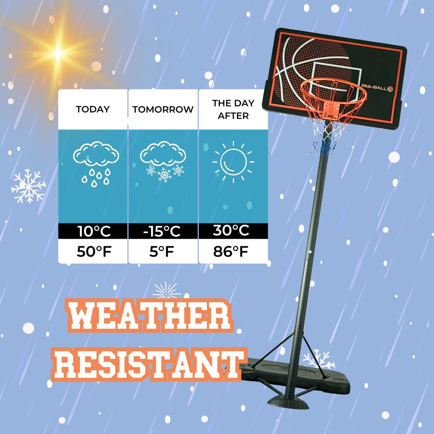 BEE-BALL Pro Bound ZY-015 Full NBA Size 10ft Adjustable Basketball hoop and stand | Outdoor Basketball Backboard and Basketball Net Hoop for Adults/Kids| (3.05m)
