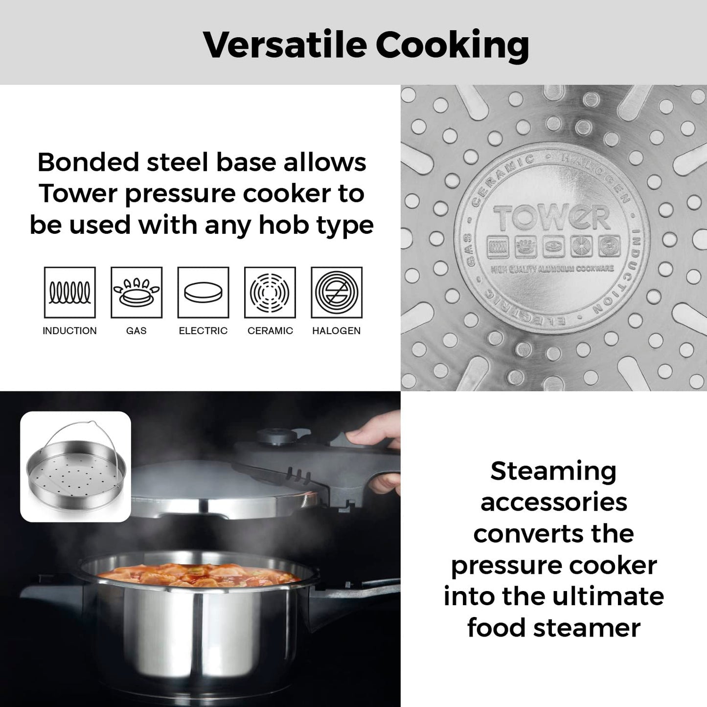- Tower T80245 Stainless Steel Pressure Cooker | Steamer Basket | 3 Litre -