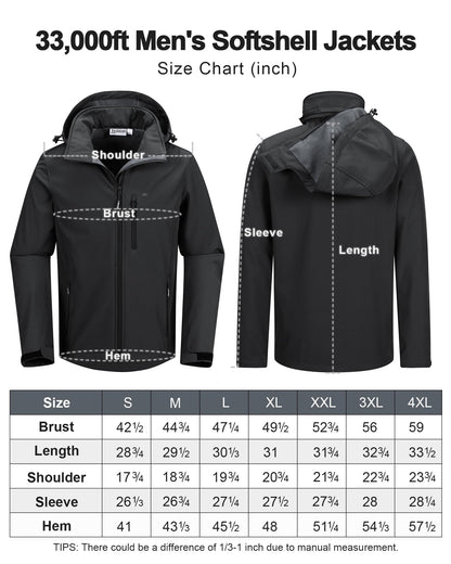 33,000ft Men's Waterproof Jackets Fleece Lining Softshell Jacket - Multi Pockets Outdoor Windproof Coat With Detachable Hood Black XL