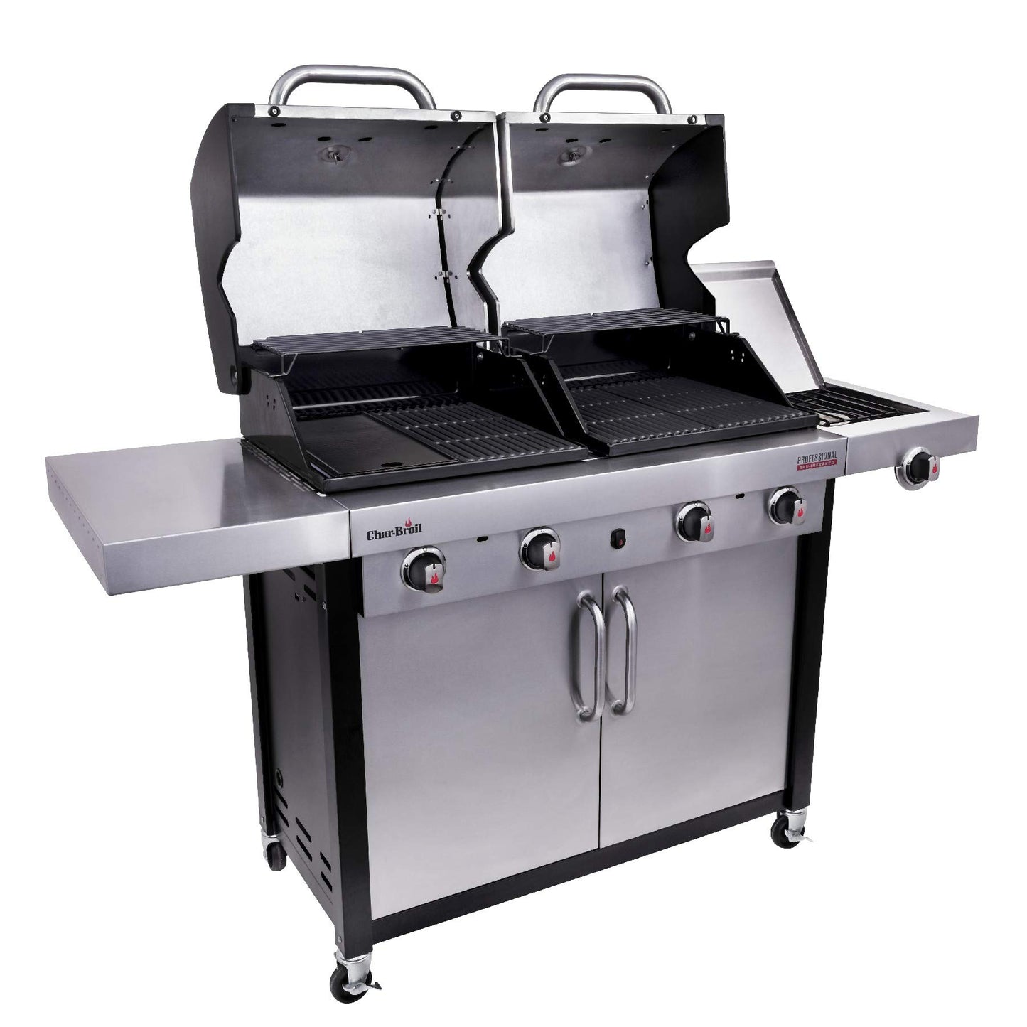 Char-Broil Professional Series 4600 S Double Header - 4 Burner Gas Barbecue Grill with TRU-Infrared Technology and Side-Burner, Stainless Steel Finish.