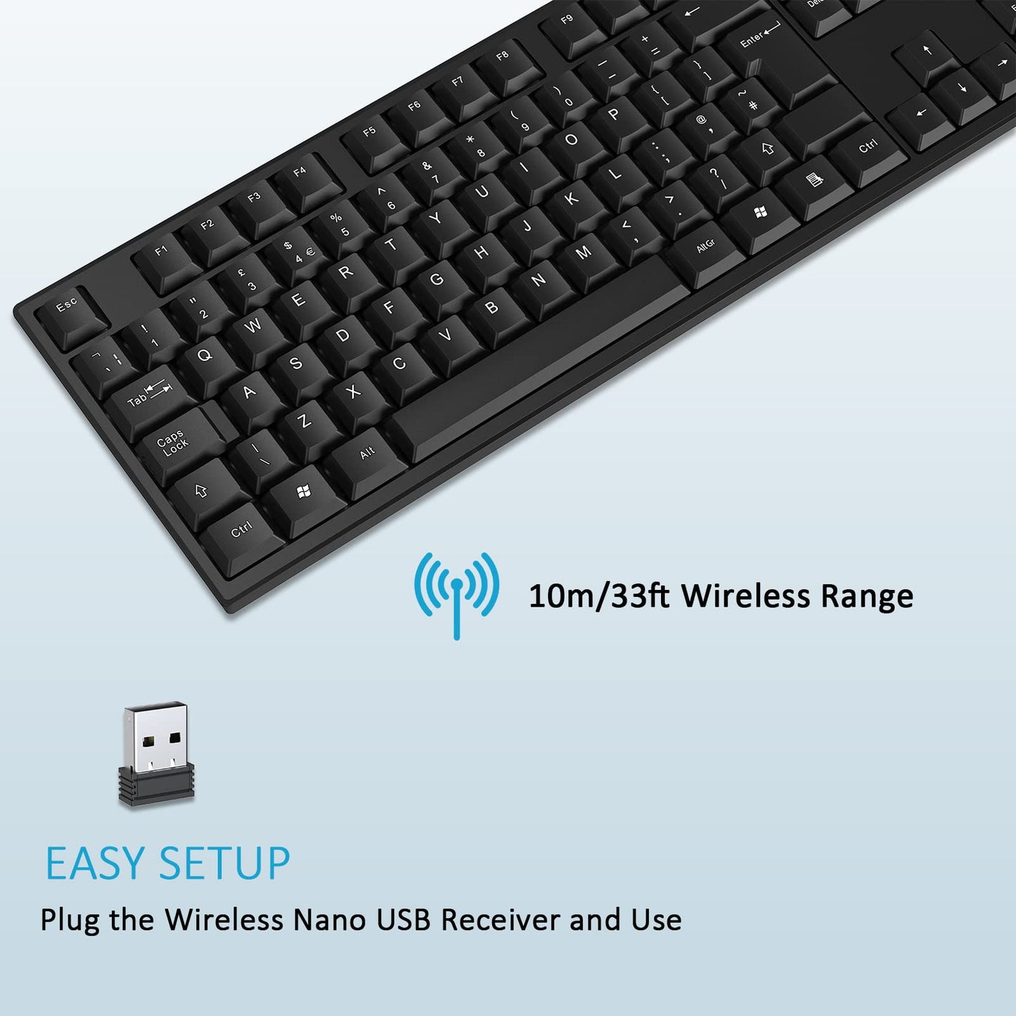 cimetech 2.4G Wireless Keyboard, QWERTY UK Full-Size Layout, USB Computer Keyboard with Numeric Keypad & Ergonomic Keys for Desktop/PC/Laptop/Surface/Smart TV/Notebook and Windows - Black