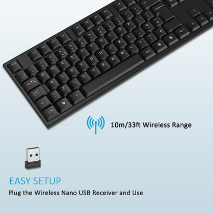 cimetech 2.4G Wireless Keyboard, QWERTY UK Full-Size Layout, USB Computer Keyboard with Numeric Keypad & Ergonomic Keys for Desktop/PC/Laptop/Surface/Smart TV/Notebook and Windows - Black