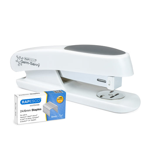 - Rapesco 1483 Germ-Savvy Antibacterial | ECO Sting Ray Half Strip Stapler | 1000 x 24/6 mm Staples | Soft White -