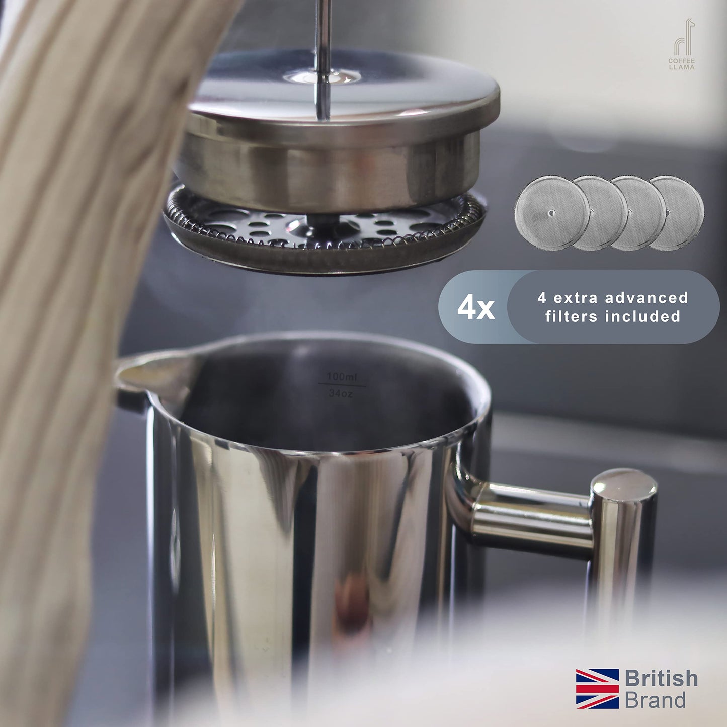 Coffee Llama™ French Press | 1 Litre | 8 Cups Cafetiere Doubled Walled Portable Stainless Steel Coffee Press for Home, Travel & Camping with 3 Extra Filters