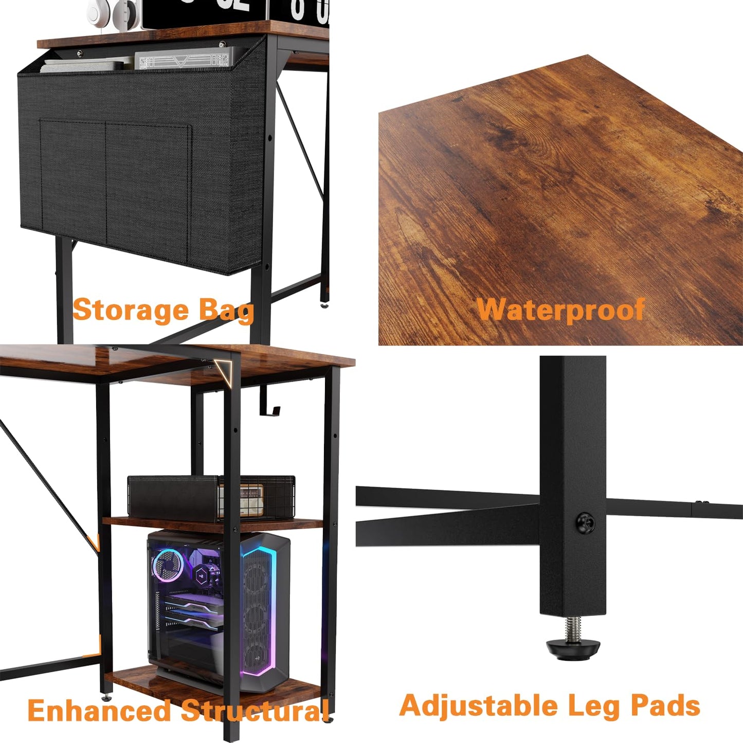 Devoko 100cm Computer Desk with Storage Shelves, Study Writing Desk Small Desks for Small Spaces, Home Office desk, Laptop Table for Home Workstations, Side Pocket Storage Bag, Rustic Brown