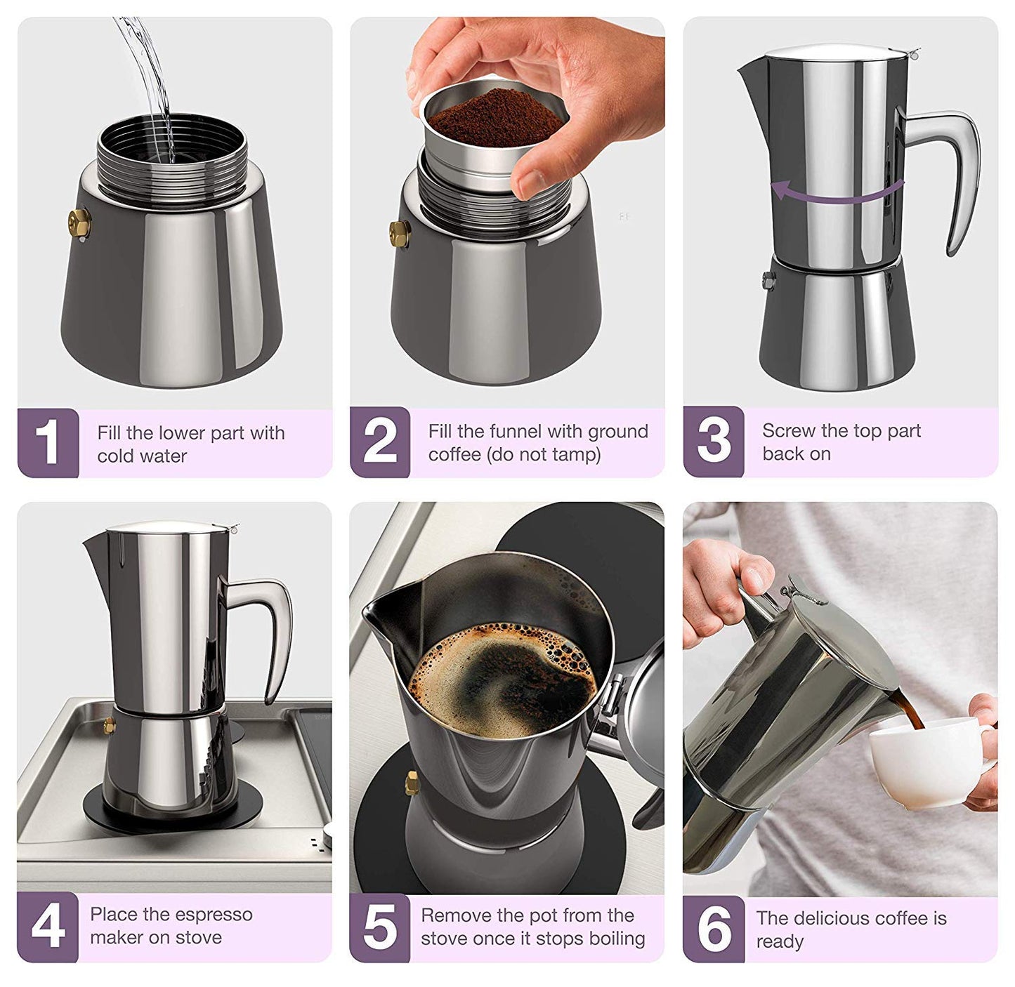 bonVIVO Moka Pot - Intenca, 300ml, Stainless Steel Espresso Maker w/Silver Chrome Finish - Stove Top Italian Coffee Maker - 6 Cup Coffee Pot - Gifts for Men and Women