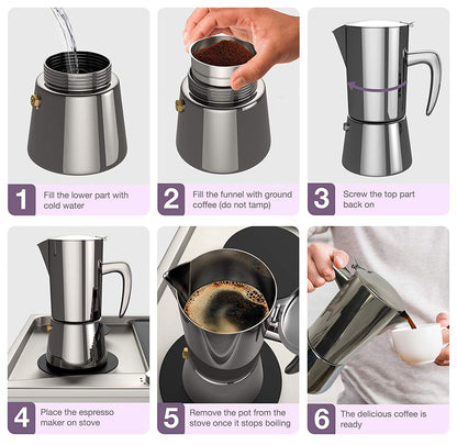 bonVIVO Moka Pot - Intenca, 300ml, Stainless Steel Espresso Maker w/Silver Chrome Finish - Stove Top Italian Coffee Maker - 6 Cup Coffee Pot - Gifts for Men and Women