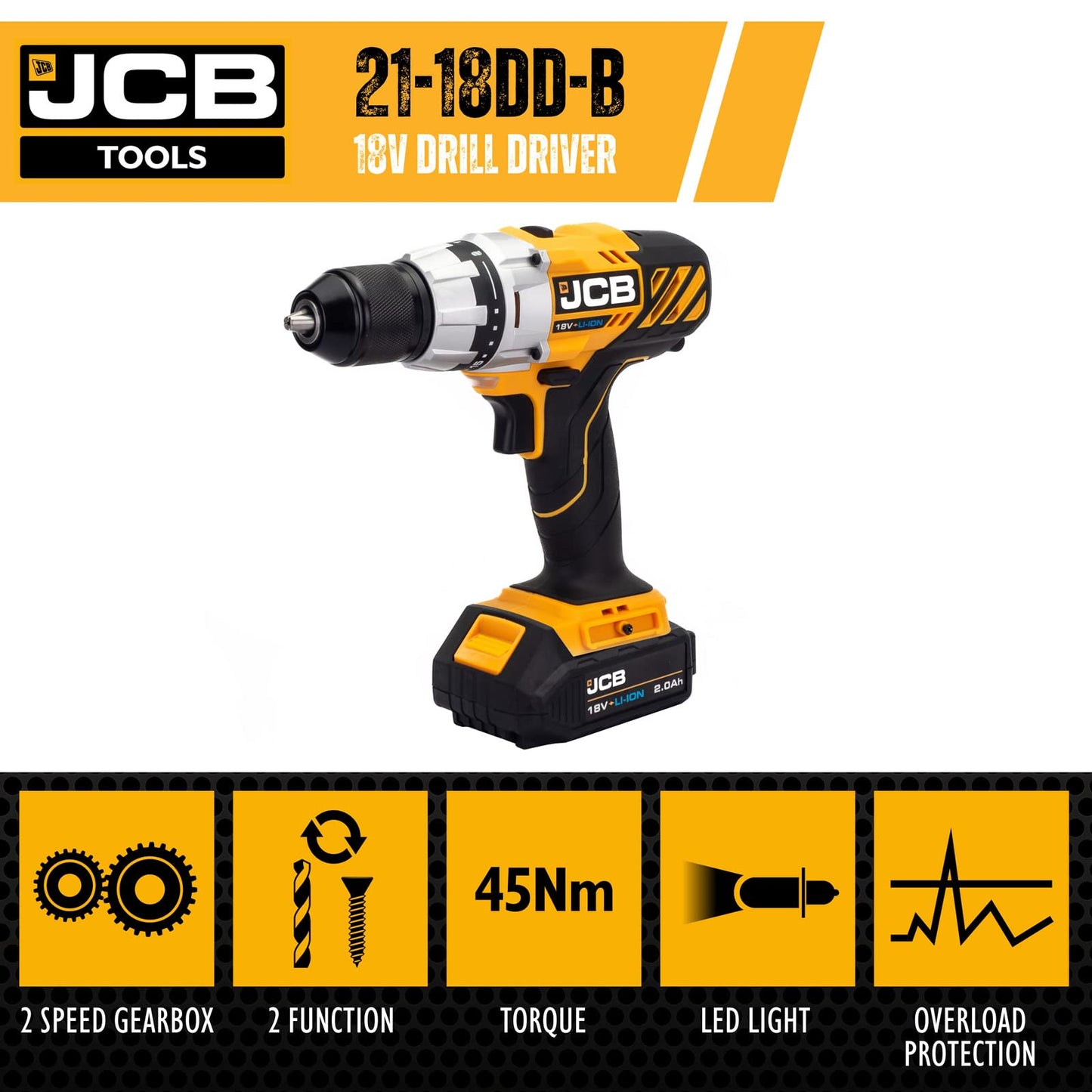 - JCB 18V Cordless Drill Driver | 2.0Ah Battery | Fast Charger | Variable Speed & 16+1 Position Torque | LED Light -