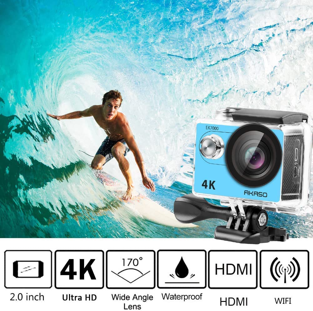 AKASO EK7000 4K30FPS Action Camera - 20MP Ultra HD Underwater Camera 170 Degree Wide Angle 98FT Waterproof Camera with Accessory Kit - Blue