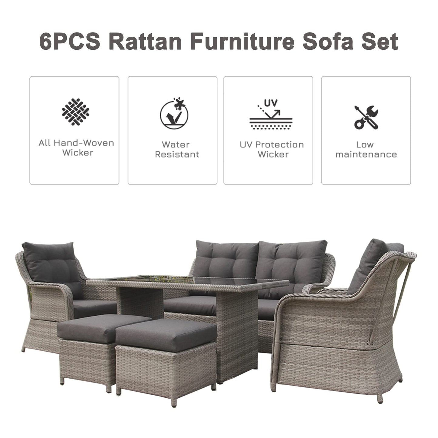 Chusstang Garden Rattan Sofa Set 6 Seaters, Patio Sofa Dining Table Set, Aluminum Frame Wicker Weave Furniture Set, Included Dining Table+Loveseat+ 2 Armchair+2 Stool -Gray