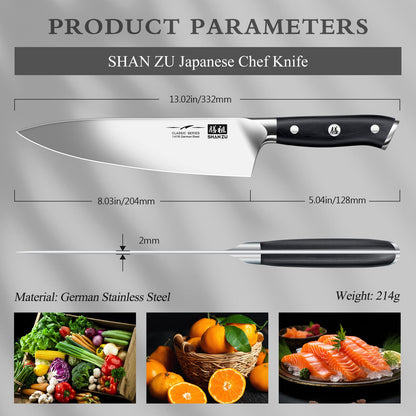 - SHAN ZU Japanese Chef Knife 20cm | Ultra Sharp Kitchen Knives | German Stainless Steel -