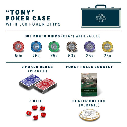 Bullets Playing Cards 'Tony' Poker Set with 300 Clay Poker Chips - including Ceramic Dealer Button, Double Pack of Bullets Poker Cards