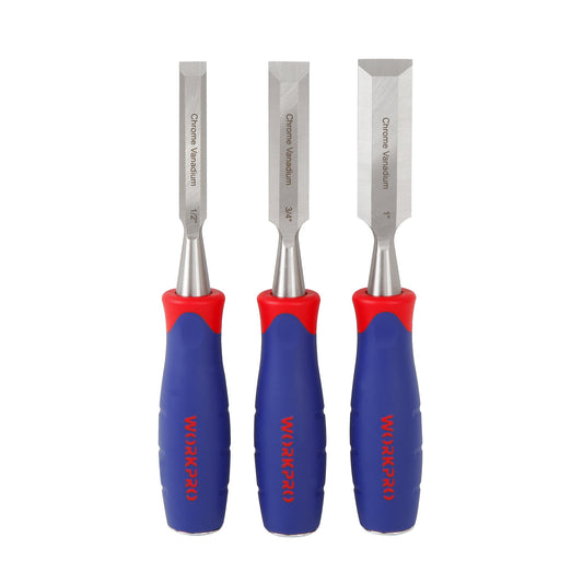 - WORKPRO Wood Chisel Set, 3 Pieces Wood Carving Chisels 12 mm, 19 mm, 25 mm, Cr-V Bevel Edge Chisels with Steel Hammer End and Non Slip Handle
