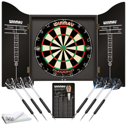 - WINMAU Professional Dart Set includes Diamond Plus Dartboard - Black Cabinet - 2 Sets of Darts - Official Oche Line