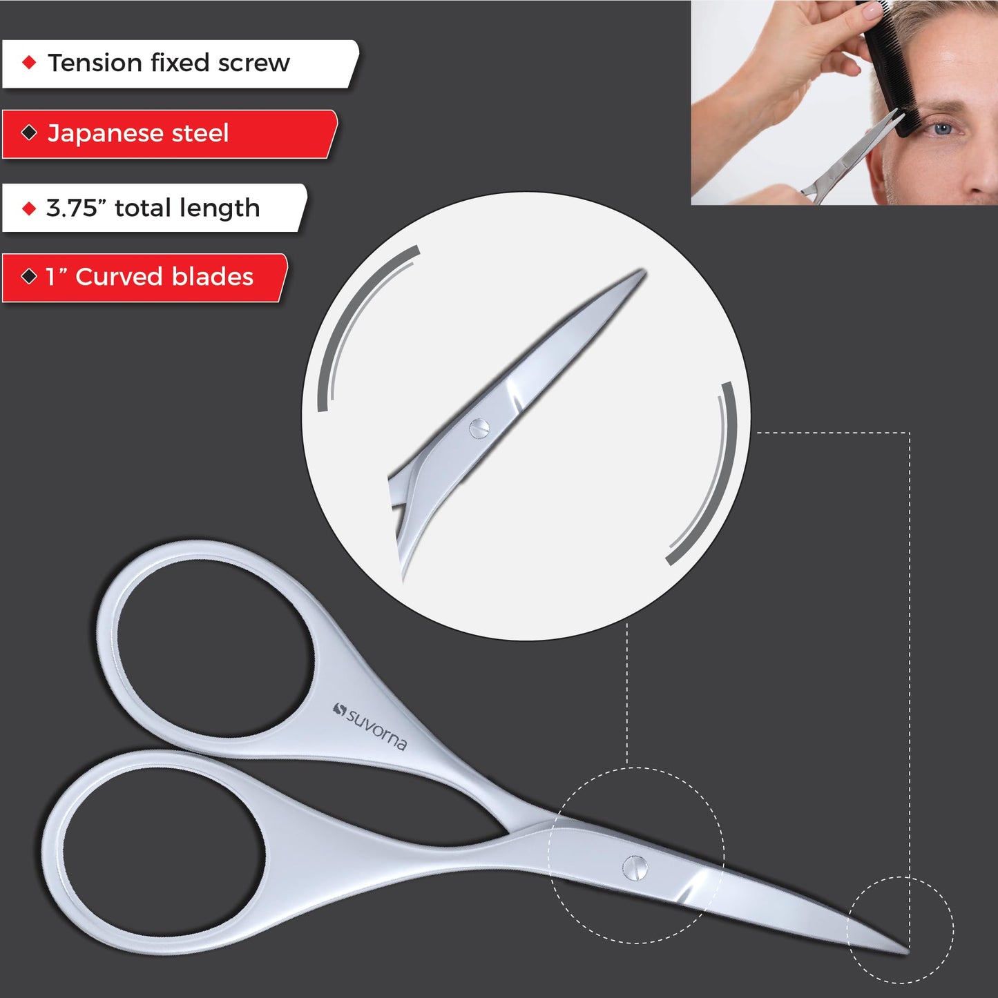 - Suvorna Small Scissors for Eyebrow, Beard, Mustache, Facial, Brow, Eye Lash, Nose & Ear Hair | Curved Scissors for Men's & Women's Grooming -