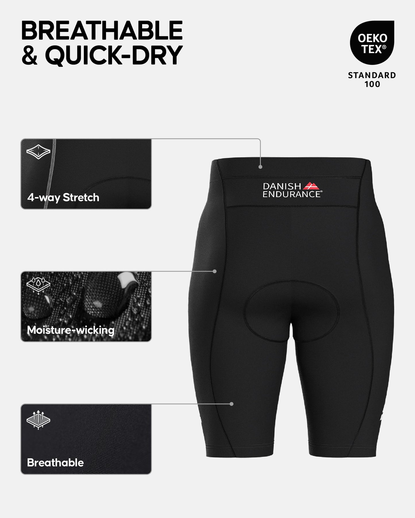 DANISH ENDURANCE Padded Cycling Shorts, Mountain Bike Gear, Quick Dry, for Men, Black/Black, M