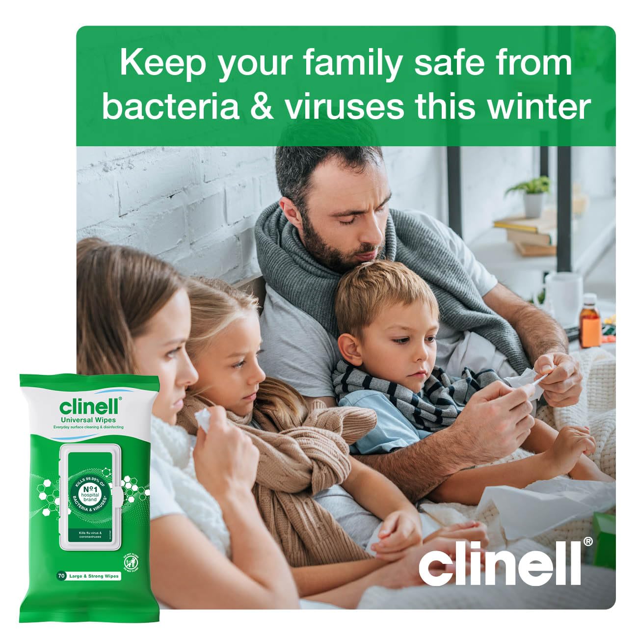 Clinell Universal Cleaning and Disinfecting Wipes for Home - Pack of 4 - 70 XL Wipes per Pack (280 Wipes) - with Moisture Lock Lid - Kills 99.99% of Germs, Antimicrobial, Quick Action