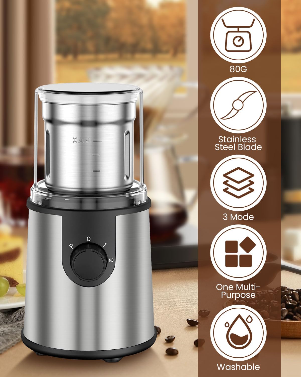 Andizun Coffee Grinder Electric, 350W Motor 80g Capacity Spice Grinder Electric with 304 Stainless Steel Blades for Coffee Beans, Nuts, Pepper