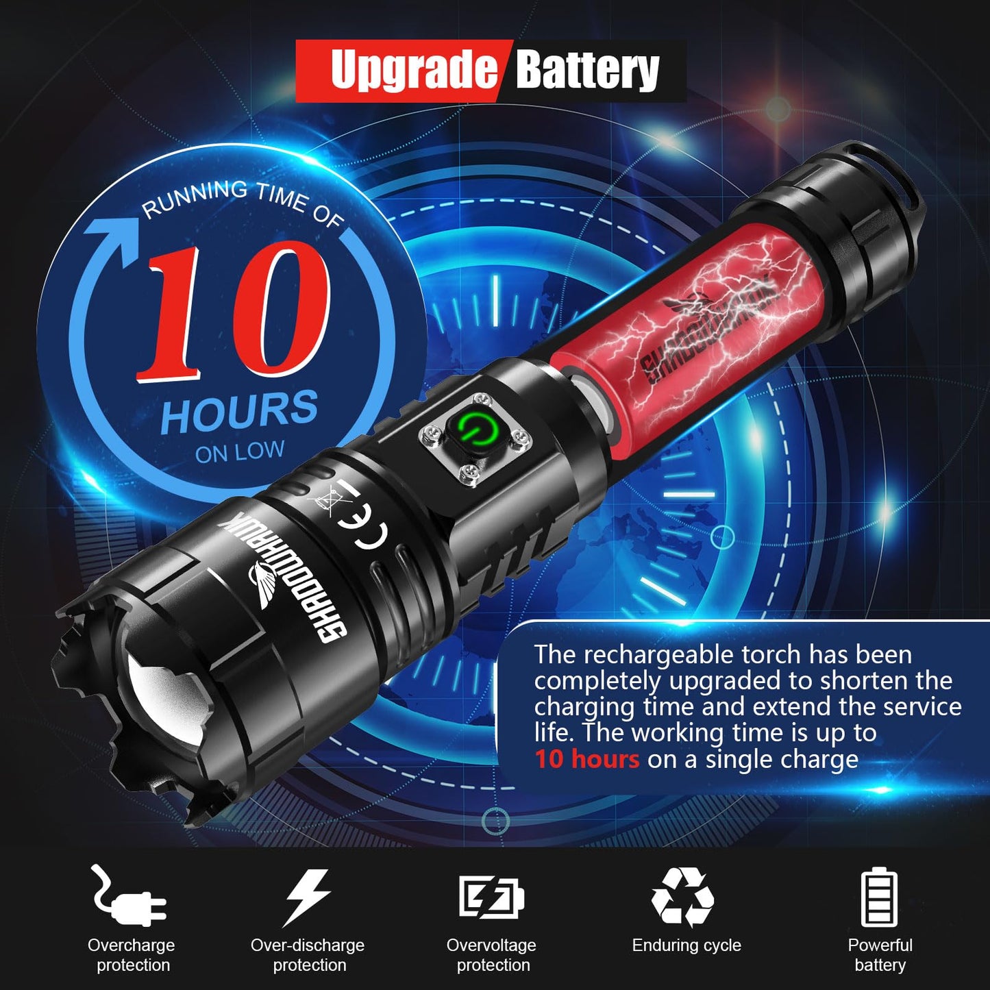 - Shadowhawk Torches LED Super Bright | 30000 Lumens | Rechargeable LED Torch -