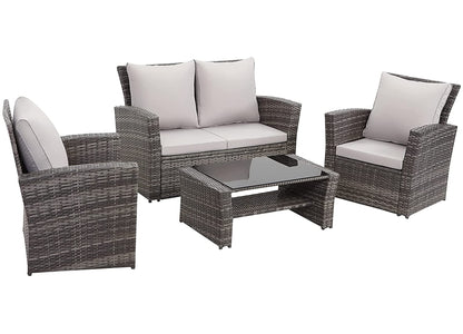 - Mixed Grey Outdoor Rattan Garden Furniture Set | Grey Cushions Luxury 4 Seater Sofa with Chairs and Coffee Table -