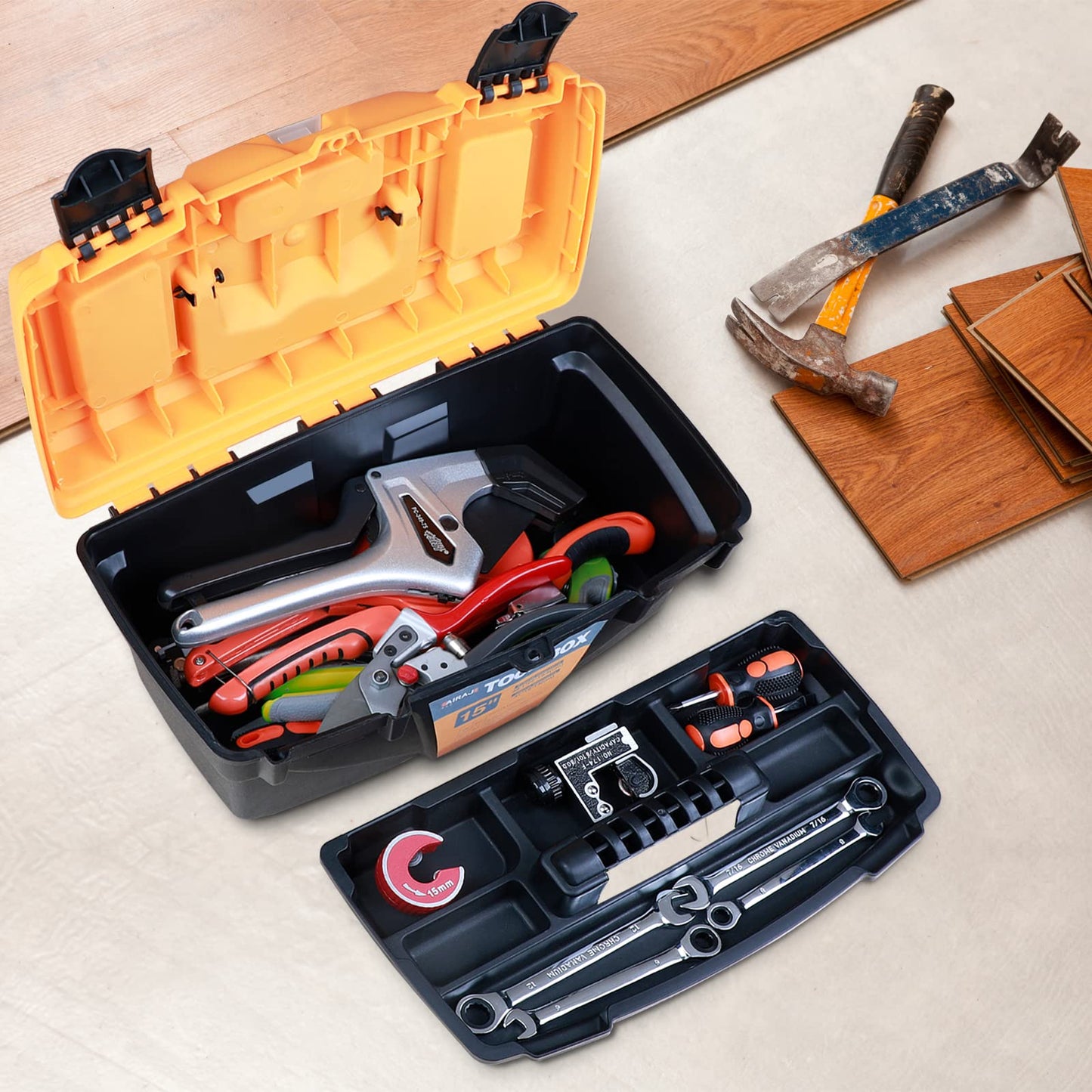 AIRAJ 15" Tool Box with Double Locking Buckle, Lightweight Plastic Tool Box with Removable Tray and Small Parts Box,Portable Tool Storage Box for Tools(38.1 * 22 * 19.5cm)