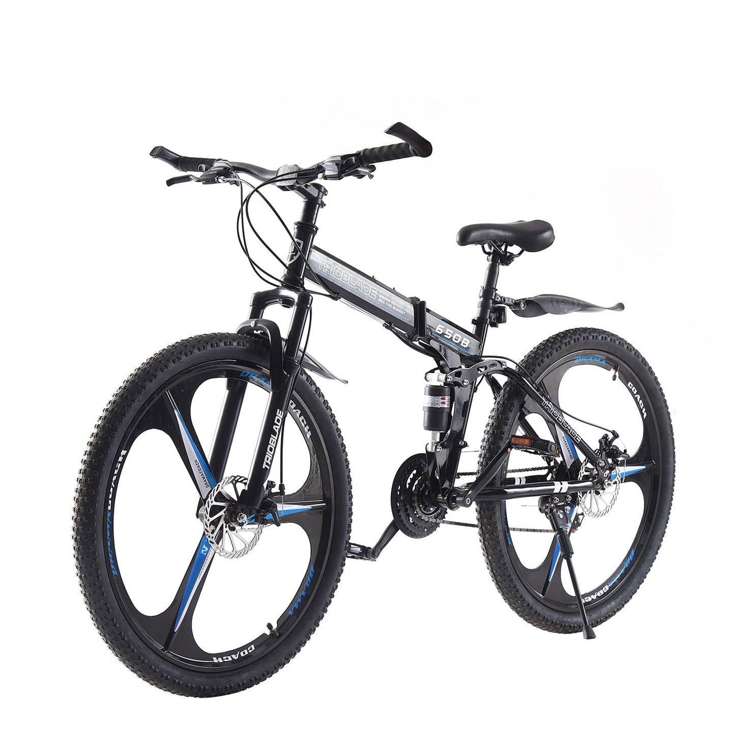 BSTSEL 27.5Inch Adult Folding Mountain Bike,Dual Suspension Mountain Bikes with 27.5 Inches 3-Spoke Wheel, Shimano 21 Speed Mens and Womens Foldable Mountain Bicycle (Black& Blue)