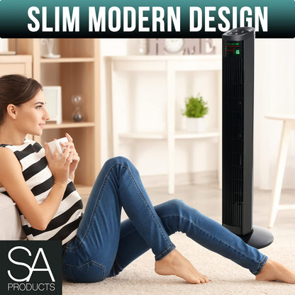 - SA Products 36” Tower Fan | Oscillating Stand Fan With 3 Wind Speeds | 3 Modes | Remote Control, LED Display | Timer Function | Black -