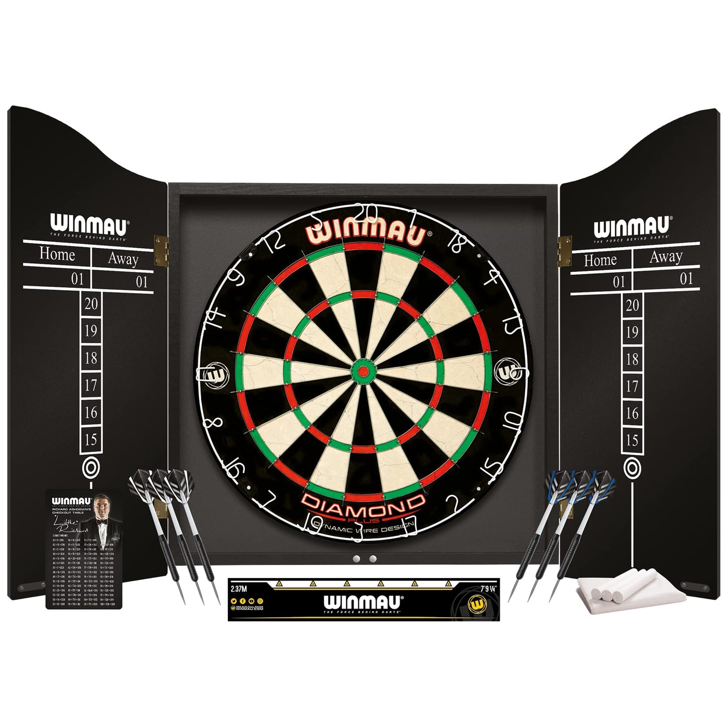 - WINMAU Professional Dart Set includes Diamond Plus Dartboard - Black Cabinet - 2 Sets of Darts - Official Oche Line