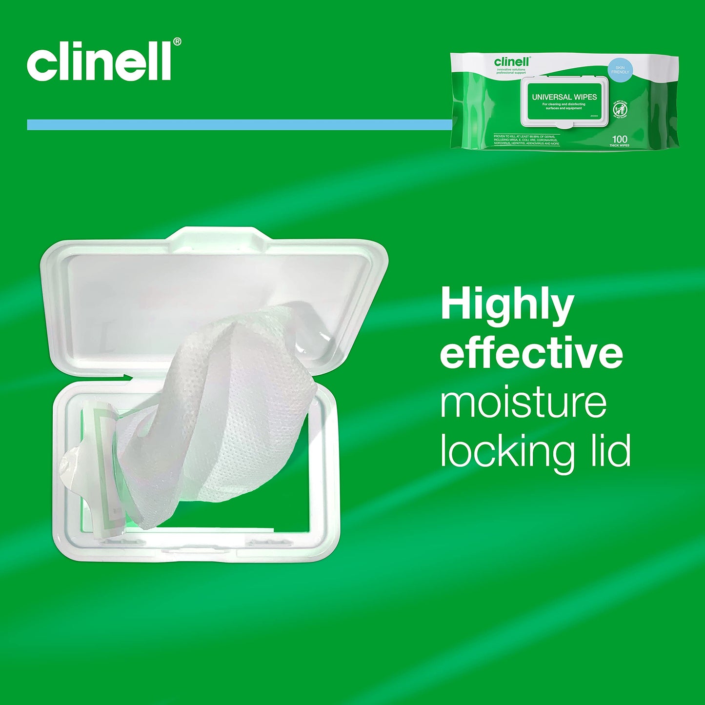 Clinell Universal Cleaning and Disinfectant Wipes for Surfaces - Pack of 100 Thick Wipes - Multi Purpose Wipes, Kills 99.99% of Germs, Quick Action - 255mm x 175mm