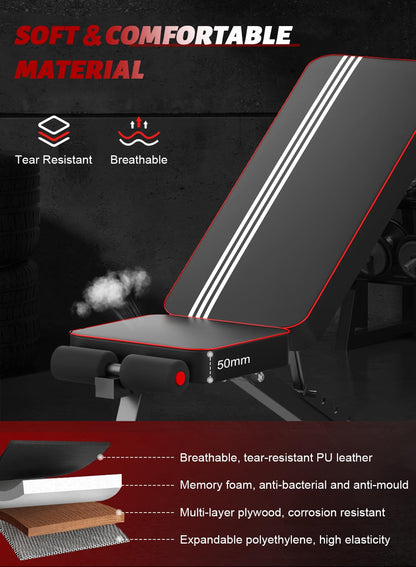 Adjustable Weight Bench, Utility Foldable Weights Bench for Full Body Workout, 7 Backrest Adjustment Multifunctional Incline/Decline Bench Press for Home Gym, Weight Capacity 660LBS