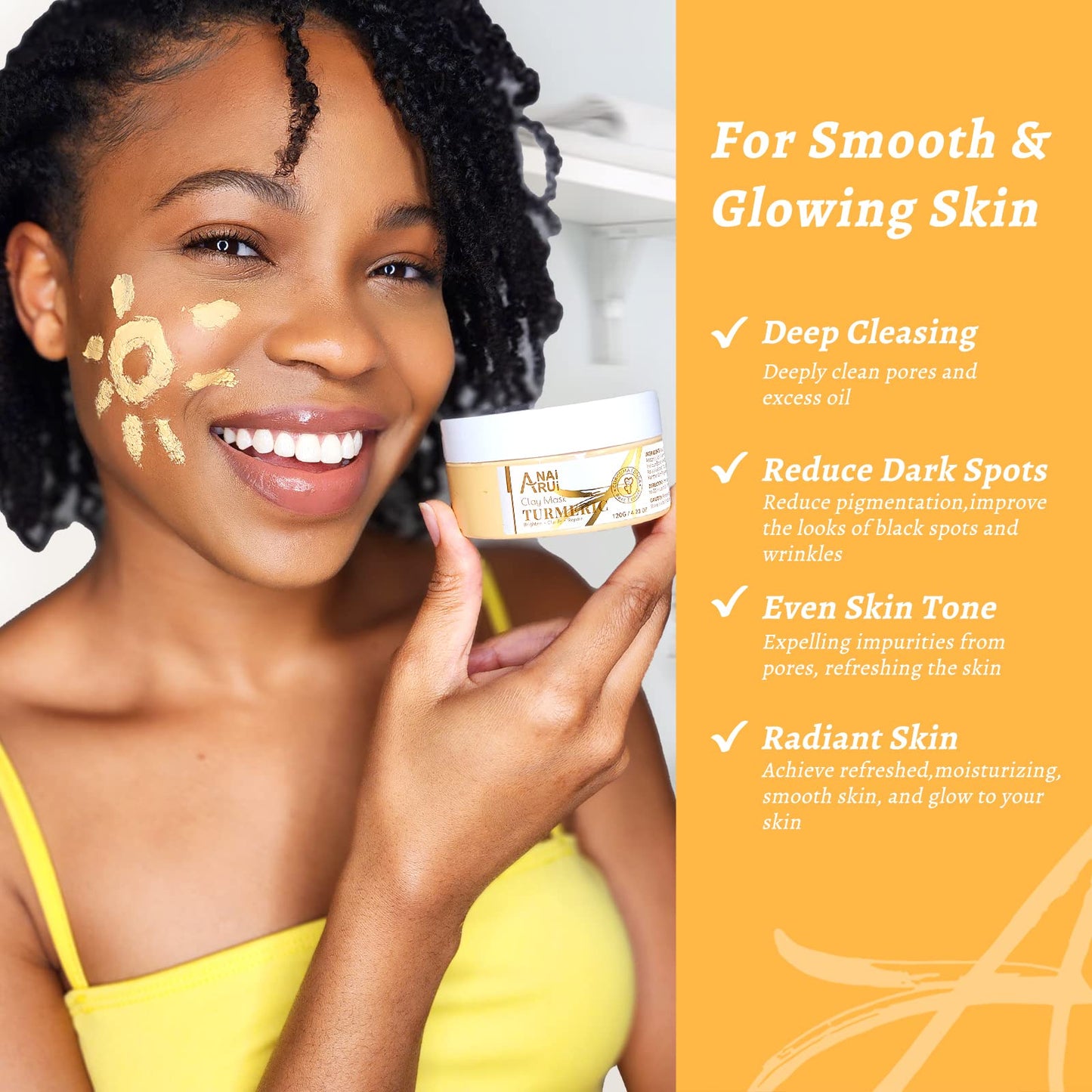 ANAiRUi Turmeric Vitamin C Face Mask with Turmeric and Kaolin Clay - Clay Mask for Radiant Skin, Oil Balance, Cleansing Pores - Beauty Face Mask, Skincare, 120g