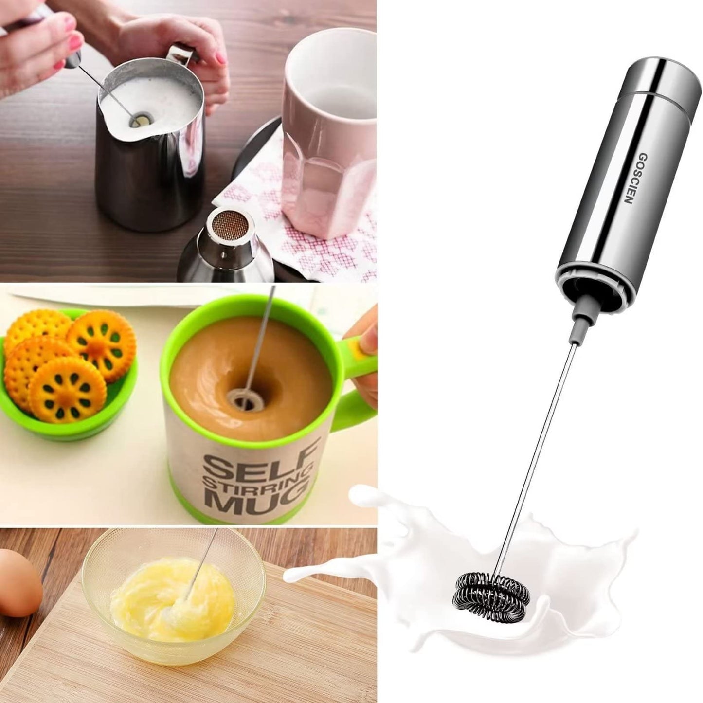 - GOSCIEN Milk Frother,Handheld Foam Maker | Battery Operated Electric Foam Maker | Portable Drink Mixer with 2 Stainless Steel Whisk and Storage Tube for Cappuccino -