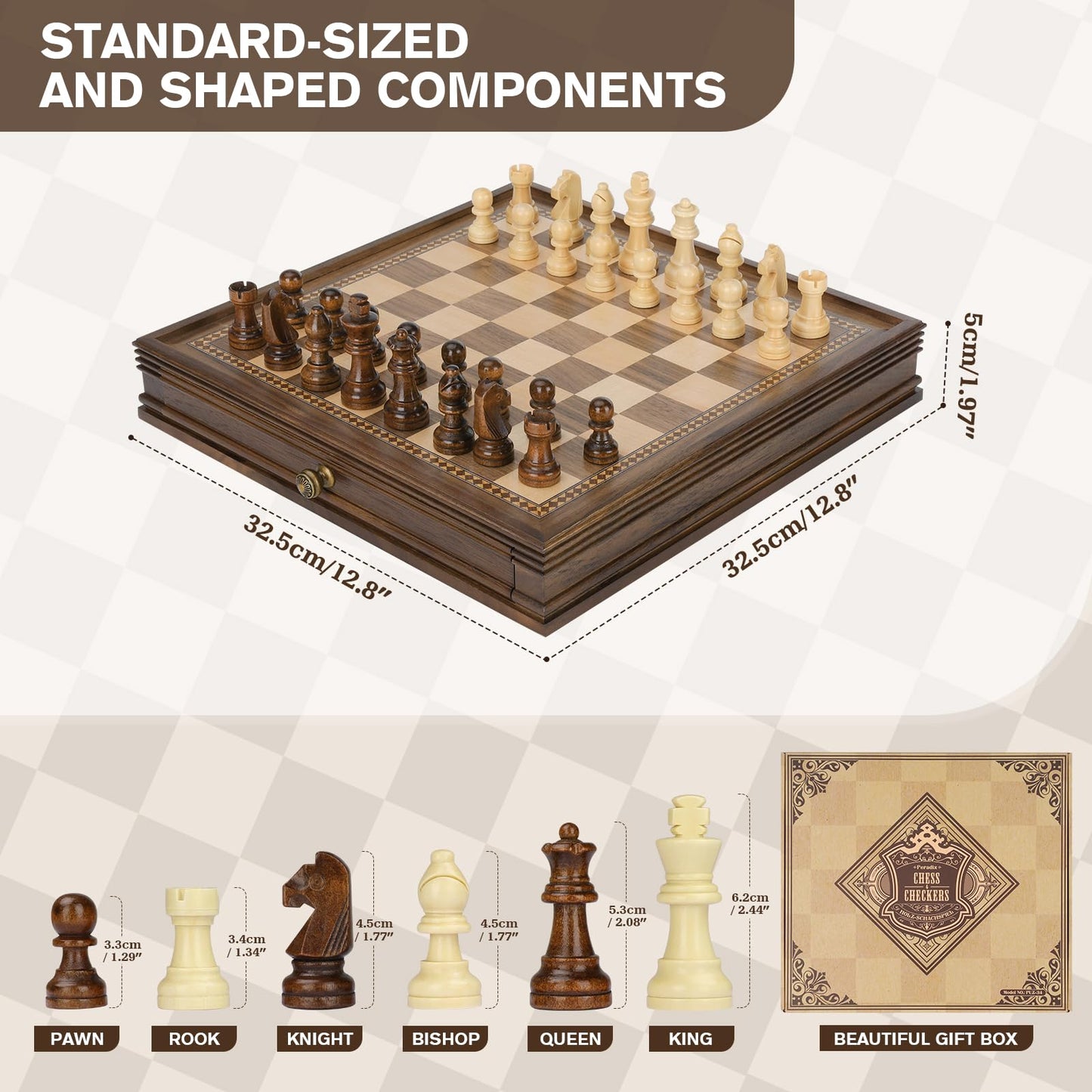 - Peradix Magnetic Wooden Chess Set | 32.5 x 32.5 cm | Chess Board Game with 2 Built-in Storage Drawers -