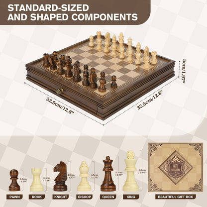- Peradix Magnetic Wooden Chess Set | 32.5 x 32.5 cm | Chess Board Game with 2 Built-in Storage Drawers -