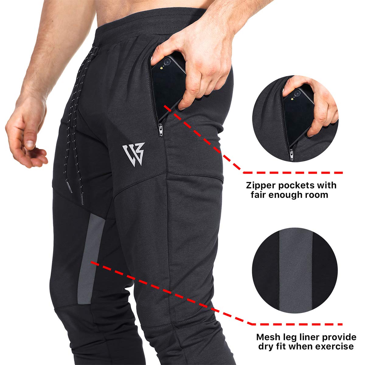 BROKIG Mens Vertex Gym Joggers Sweatpants Tracksuit Jogging Bottoms Running Trousers with Pockets (L, Black)